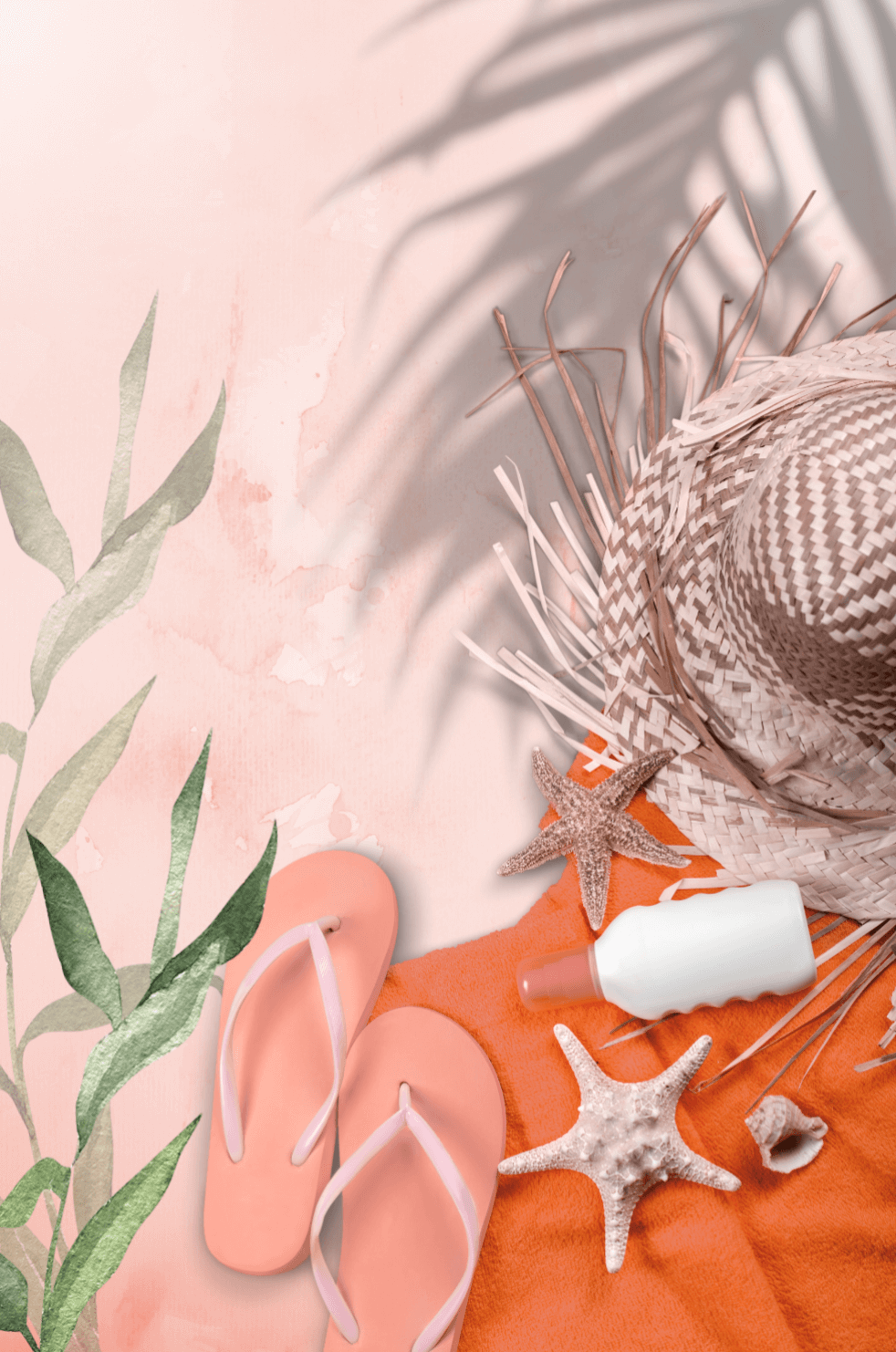 Summer-themed items, including a hat, flip-flops, and sunscreen with a star shell on a pink and orange background with palm leaves.