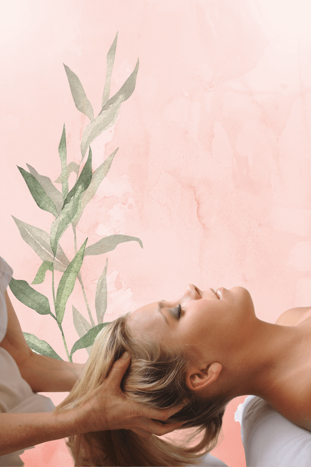 Woman receiving a massage with a plant on a pink background