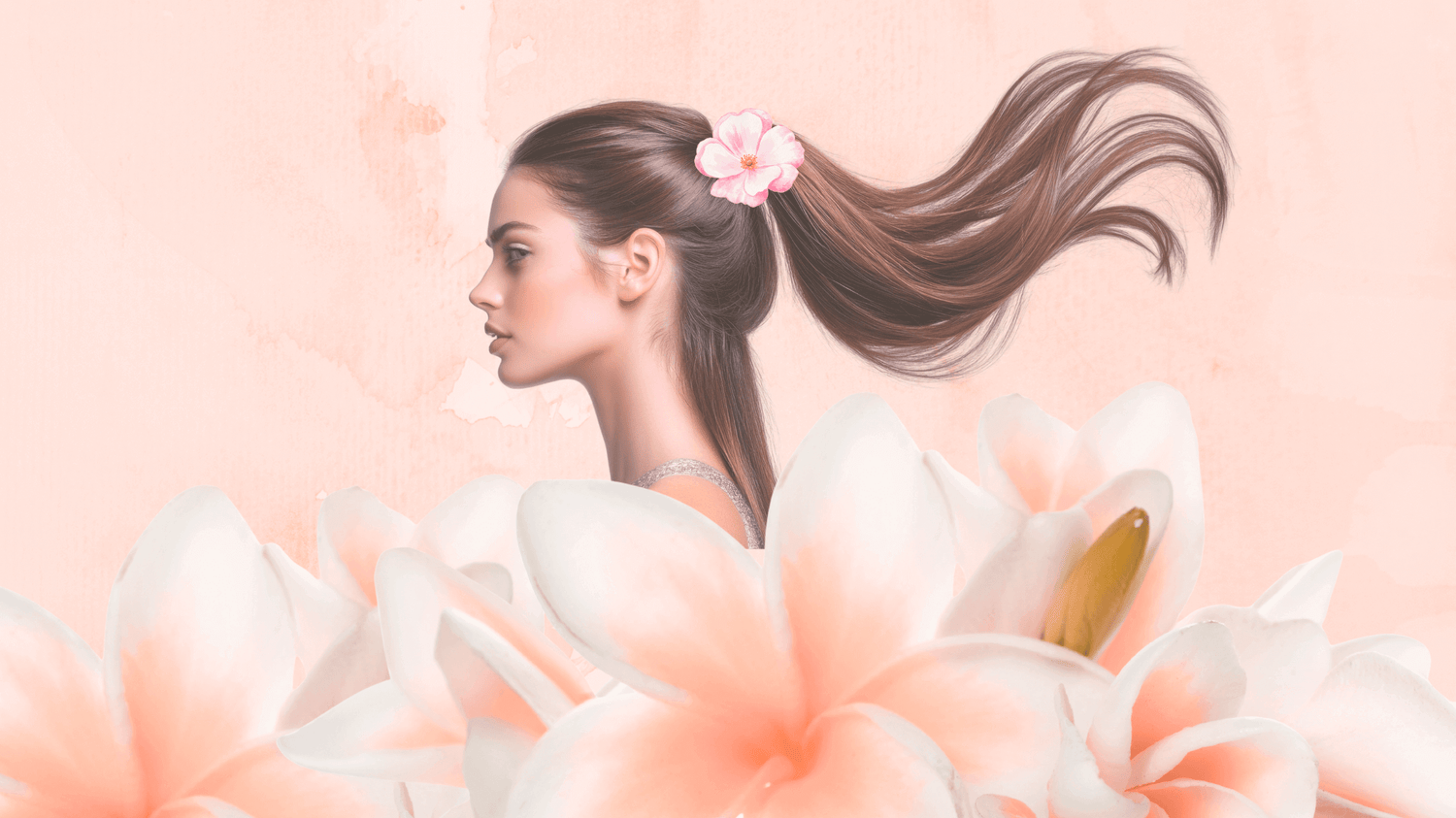 Woman with a flower in her hair surrounded by large flowers on a light pink background